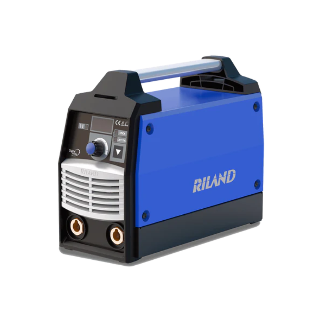 Blue and black welding machine with 'Riland' branding on a white background