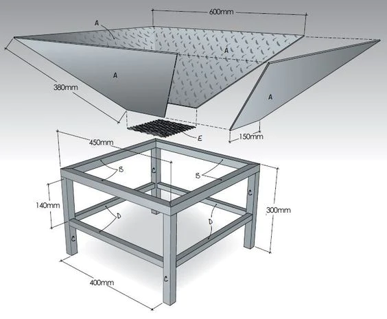 Image of illustrated drawing of a fire pit components and dimensions