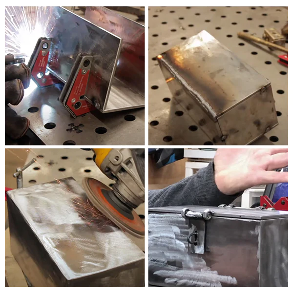 Four images of the process of welding a metal box