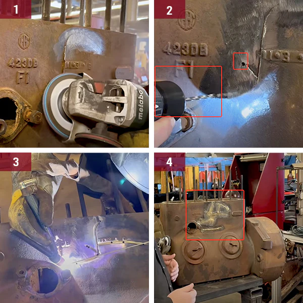 Image showing the four steps of welding cast iron. Removing the casting skin, drilling holes, preheating and finally welding.