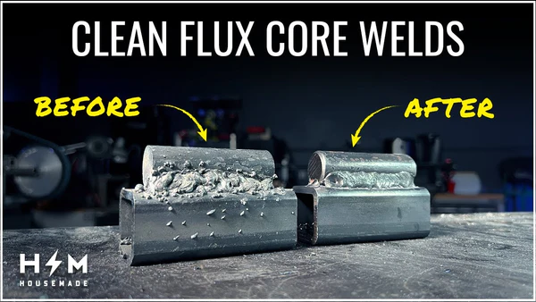 Image of two welded metals showing the before and after of clean flux core welds